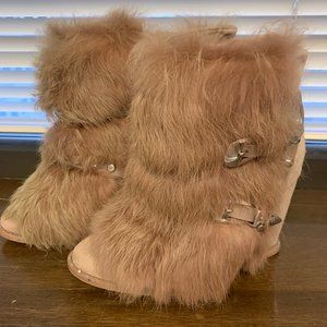 Ivy Kirzhner Swiss Tartufo Suede Genuine Rabbit Fur Wedge Gold Plate Ankle Boot